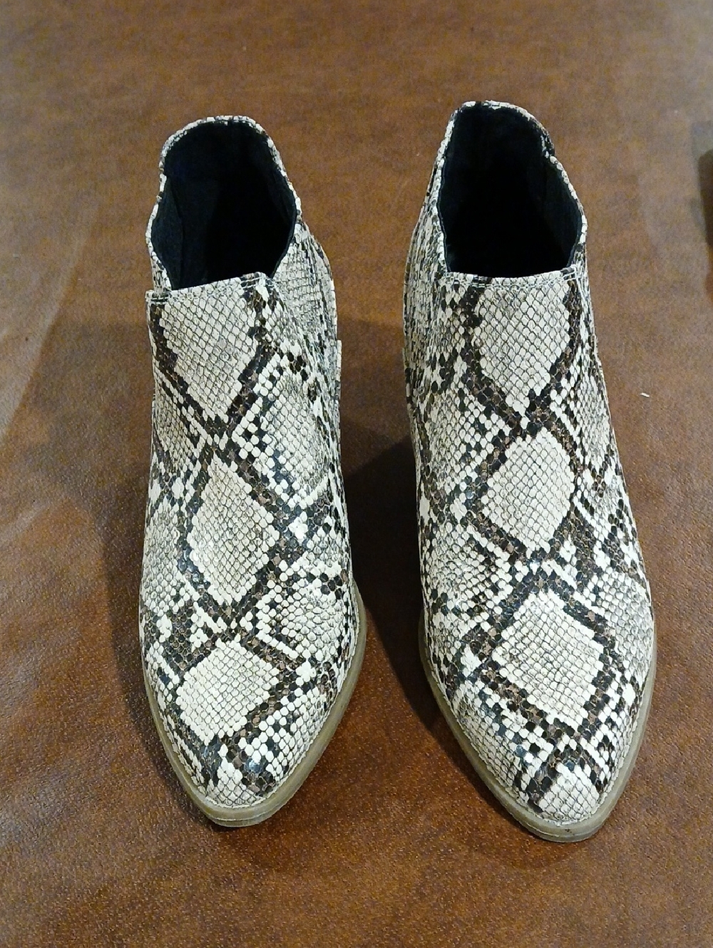 a.n.a Snake-Print Ankle Booties in Beige and Black